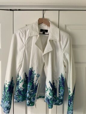 Dennis Basso White Floral Zip-Front Moto Women's Jacket